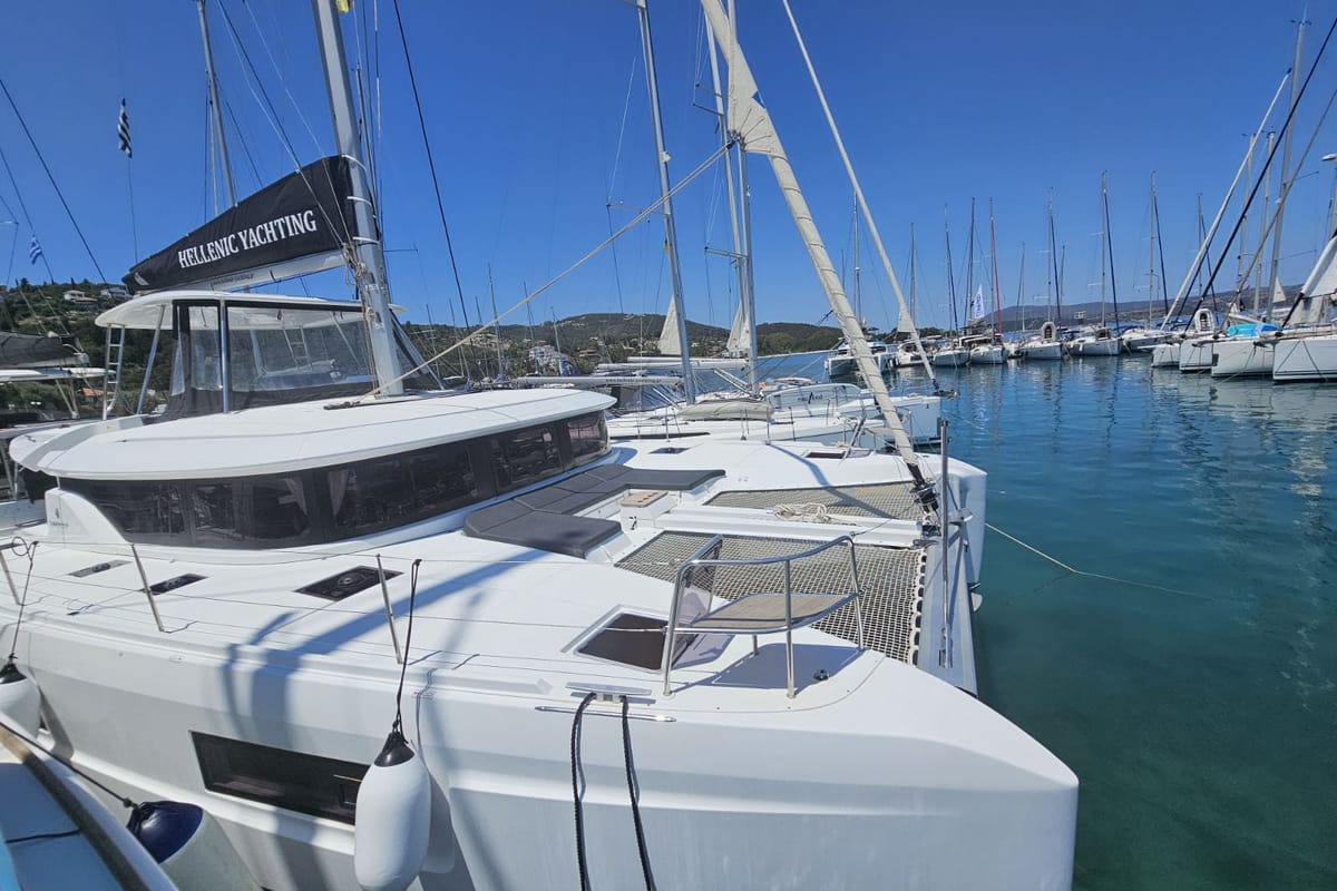 Exterior view of Kayian, a Lagoon 46 catamaran at Municipal Unit of Ellomenos, Greece