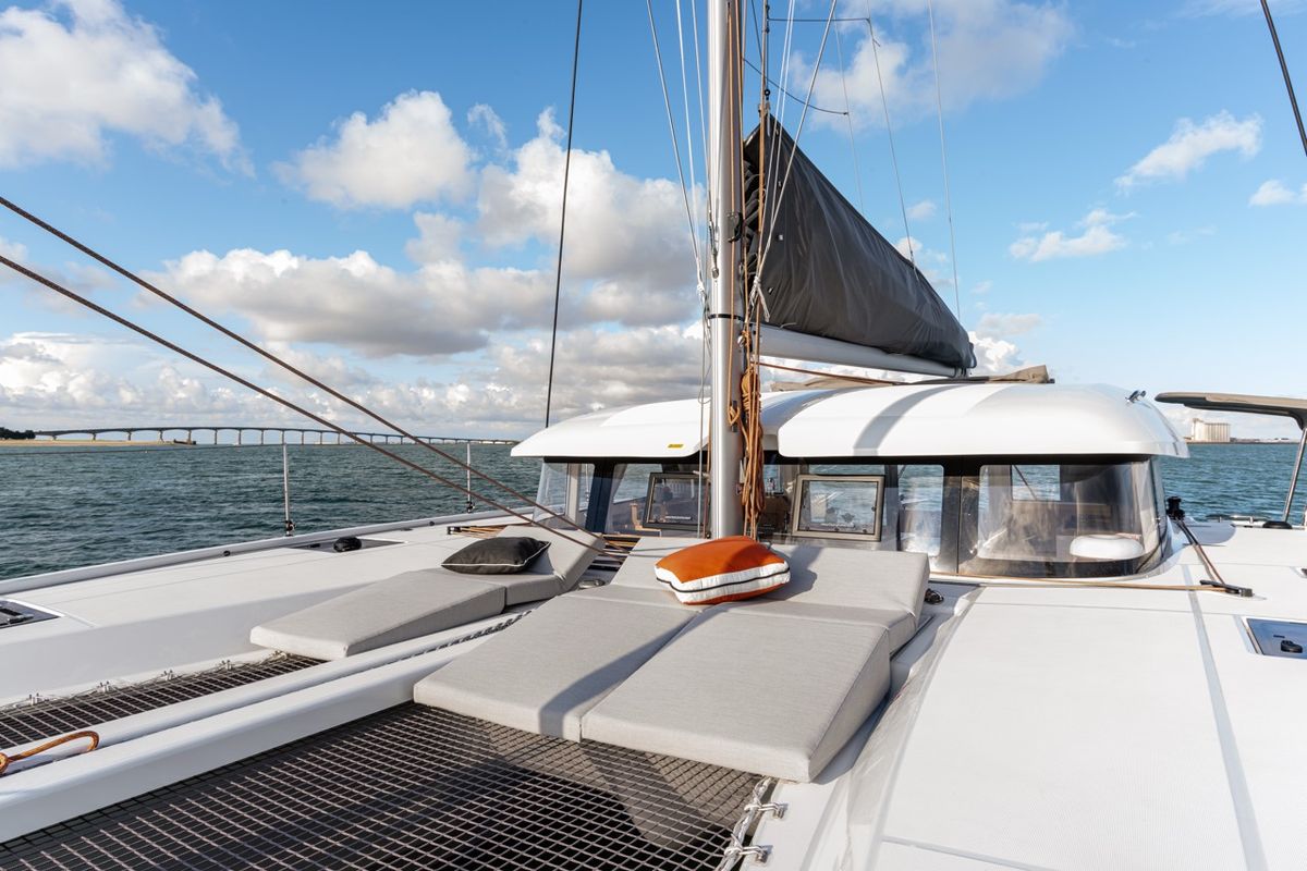 Deck of Elyvian Spirit, a Excess 11 catamaran at Taranto, Italy