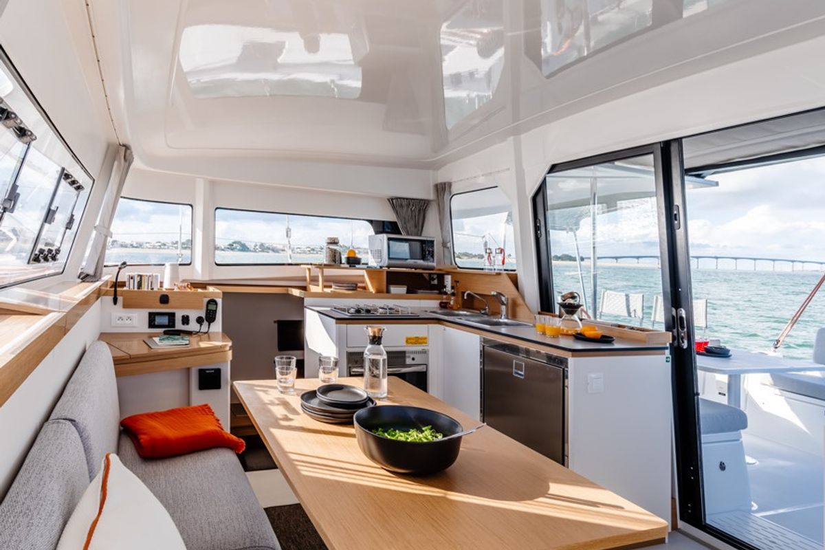 Salon of Elyvian Spirit, a Excess 11 catamaran at Taranto, Italy