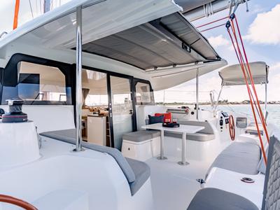 Deck of Elyvian Spirit, a Excess 11 catamaran at Taranto, Italy