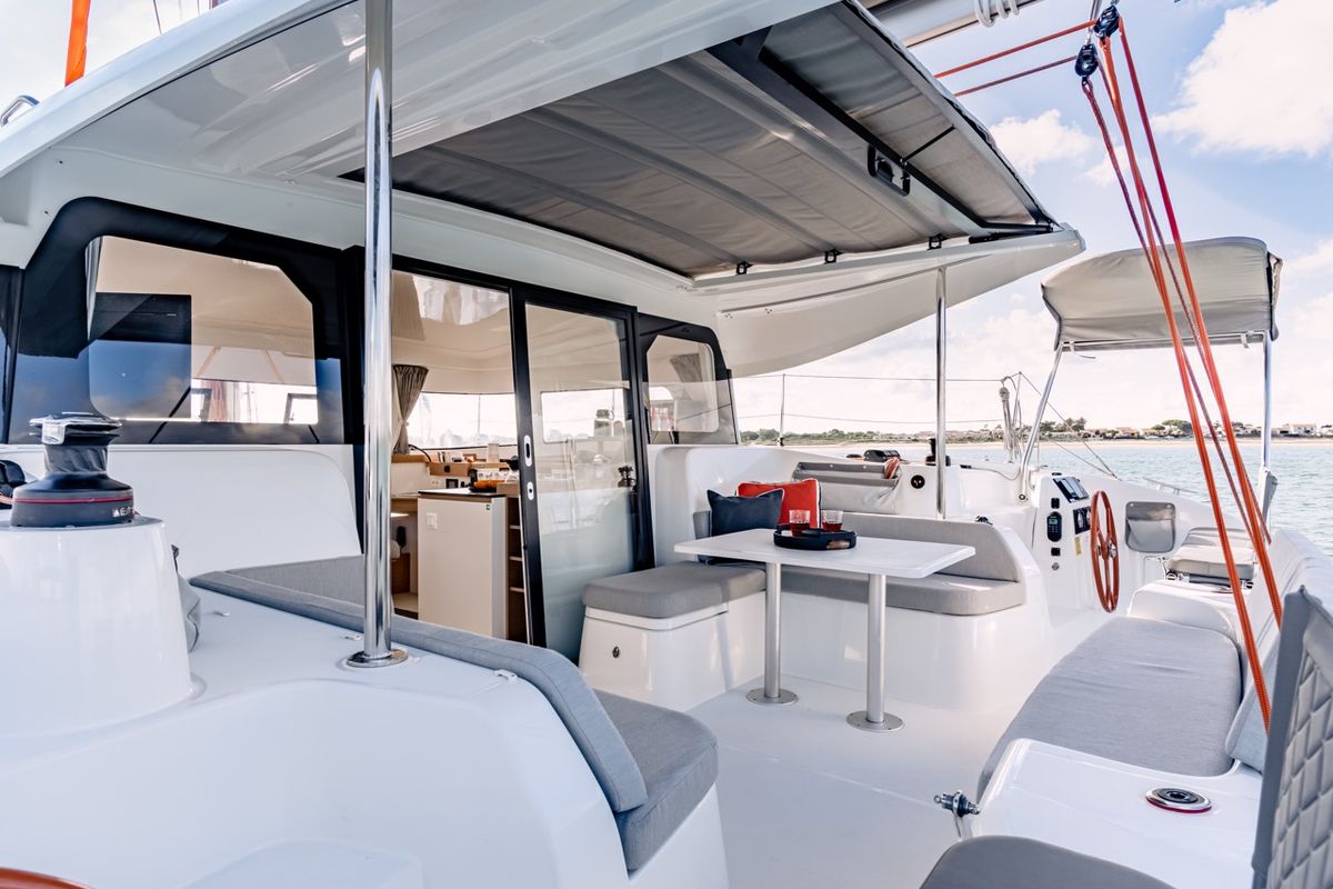 Deck of Elyvian Spirit, a Excess 11 catamaran at Taranto, Italy