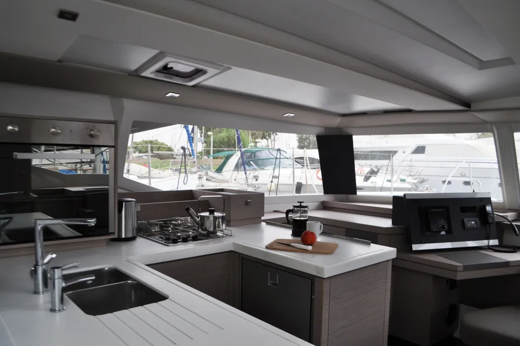 Galley of Nancy, a Fountaine Pajot Astréa 42 catamaran at Marina Delta Kallithea, Greece