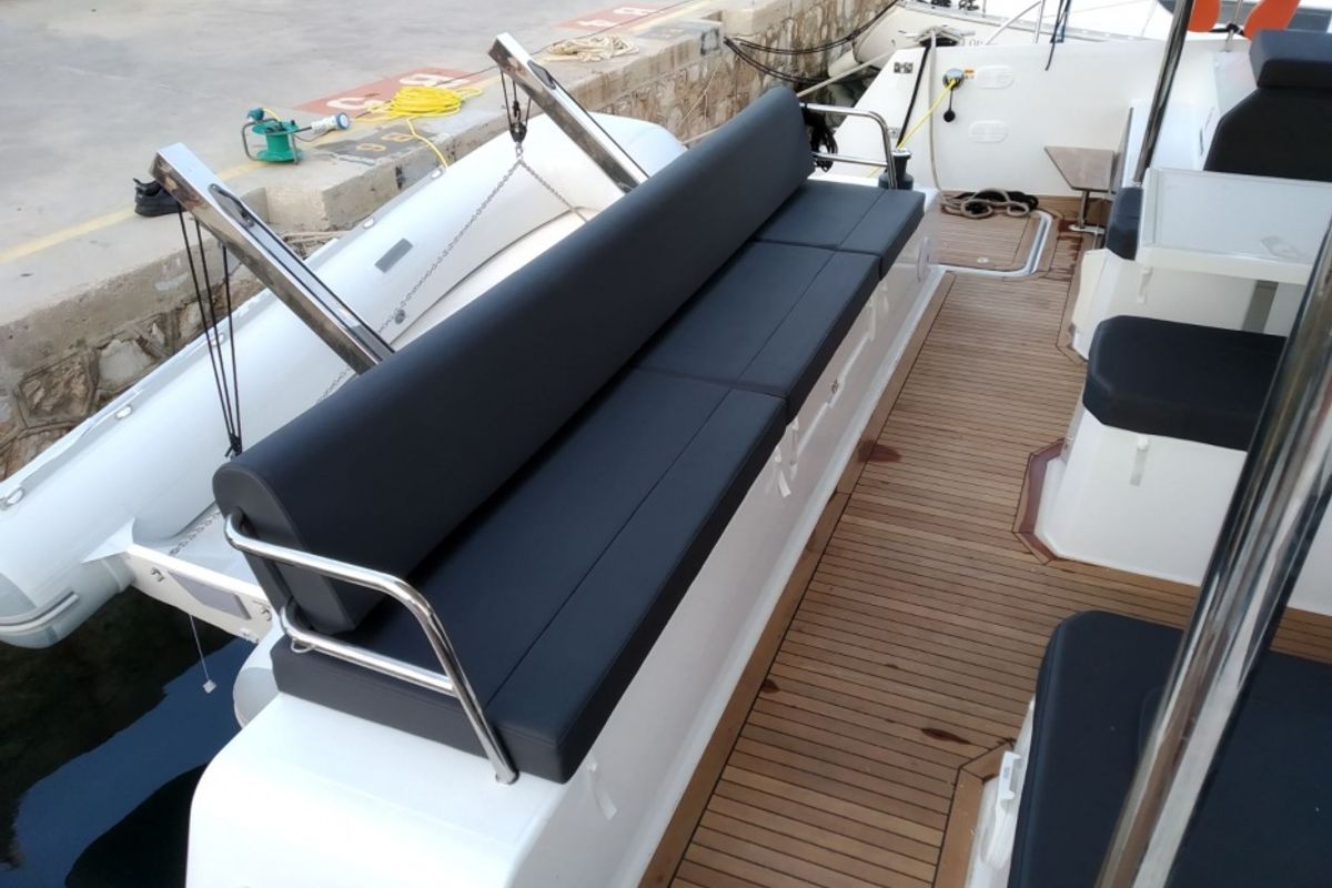 Deck of Nancy, a Fountaine Pajot Astréa 42 catamaran at Marina Delta Kallithea, Greece
