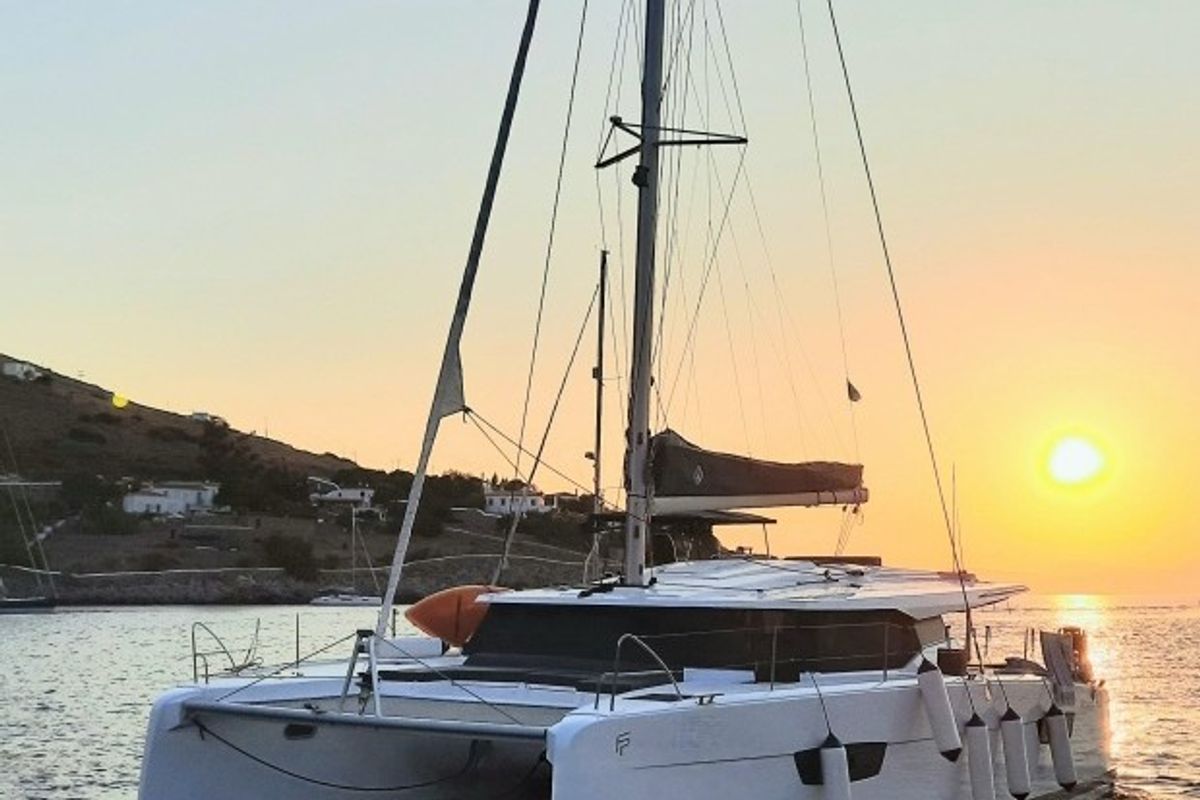 Exterior view of Nancy, a Fountaine Pajot Astréa 42 catamaran at Marina Delta Kallithea, Greece