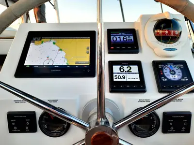 Cockpit of Nancy, a Fountaine Pajot Astréa 42 catamaran at Marina Delta Kallithea, Greece
