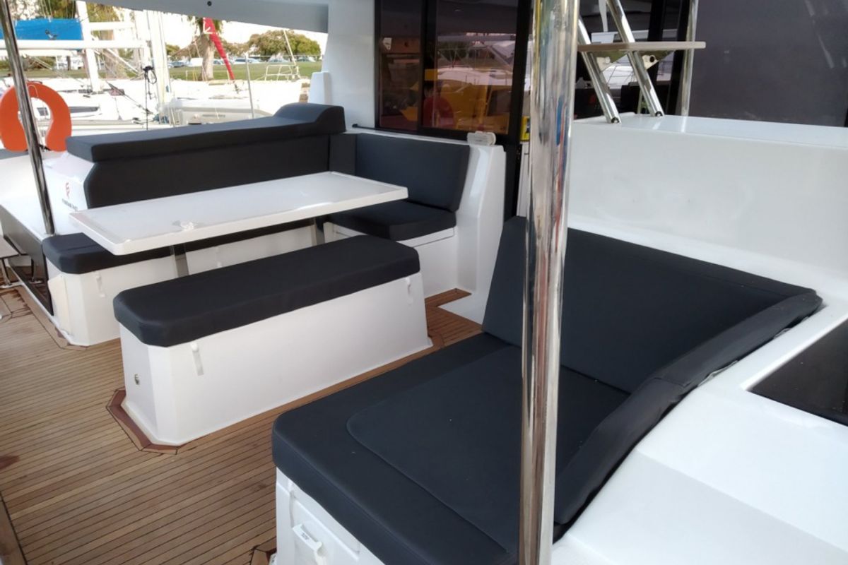 Deck of Nancy, a Fountaine Pajot Astréa 42 catamaran at Marina Delta Kallithea, Greece