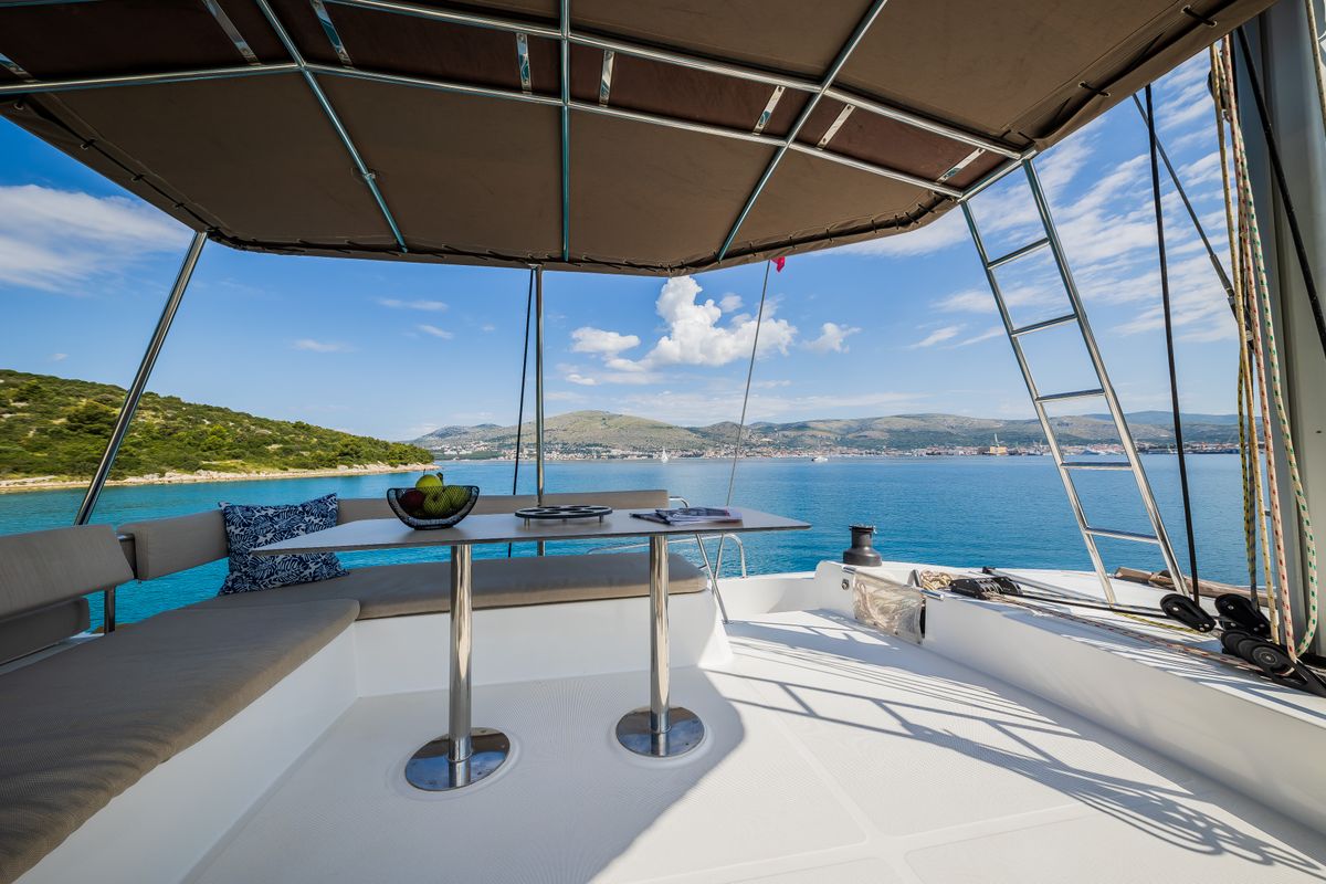 Deck of Esthera, a Bali 4.8 catamaran at Seget Donji, Croatia