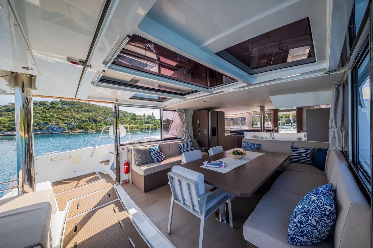 Salon of Esthera, a Bali 4.8 catamaran at Seget Donji, Croatia