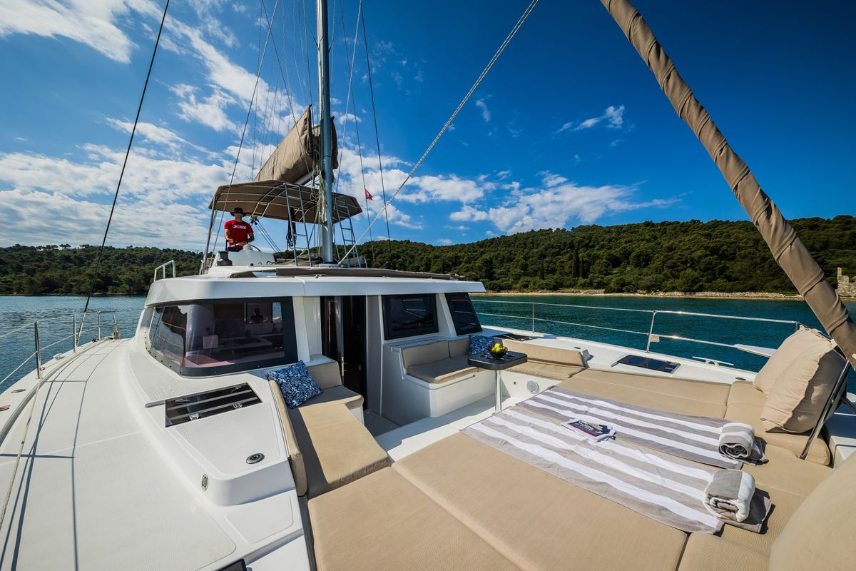 Deck of Esthera, a Bali 4.8 catamaran at Seget Donji, Croatia