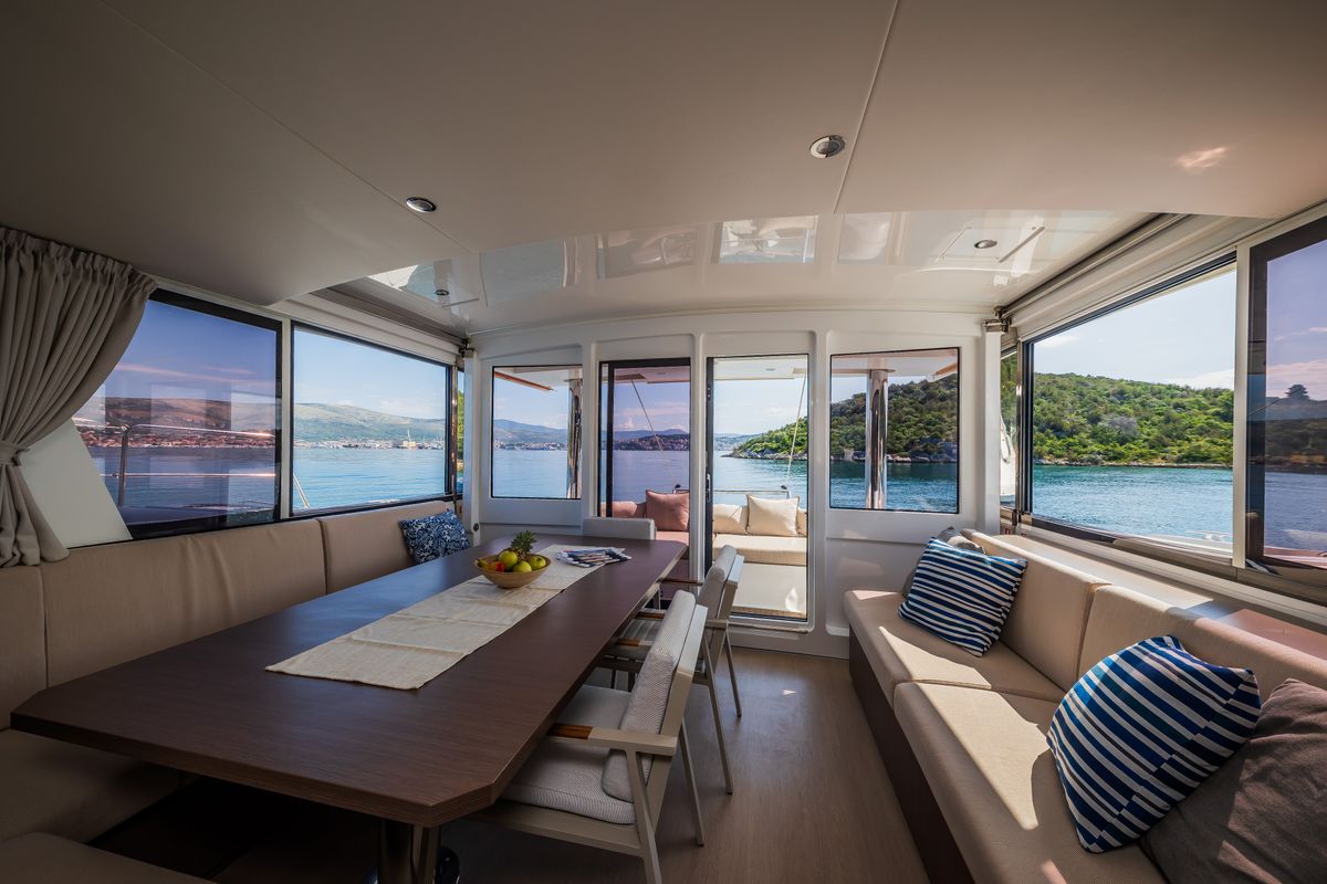 Salon of Esthera, a Bali 4.8 catamaran at Seget Donji, Croatia