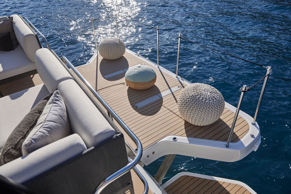 Deck of Lady Francy, a Prestige M48 catamaran at Torre Annunziata, Italy