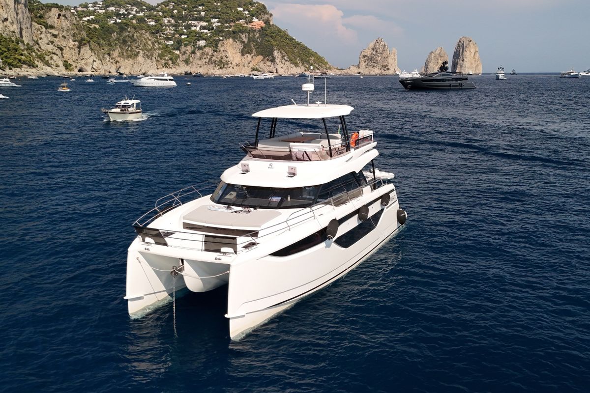 Exterior view of Lady Francy, a Prestige M48 catamaran at Torre Annunziata, Italy