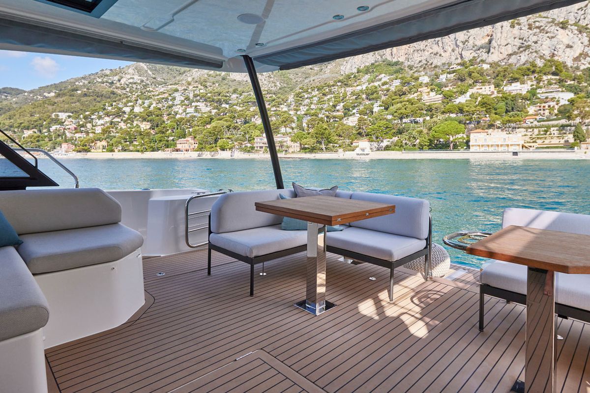 Deck of Lady Francy, a Prestige M48 catamaran at Torre Annunziata, Italy