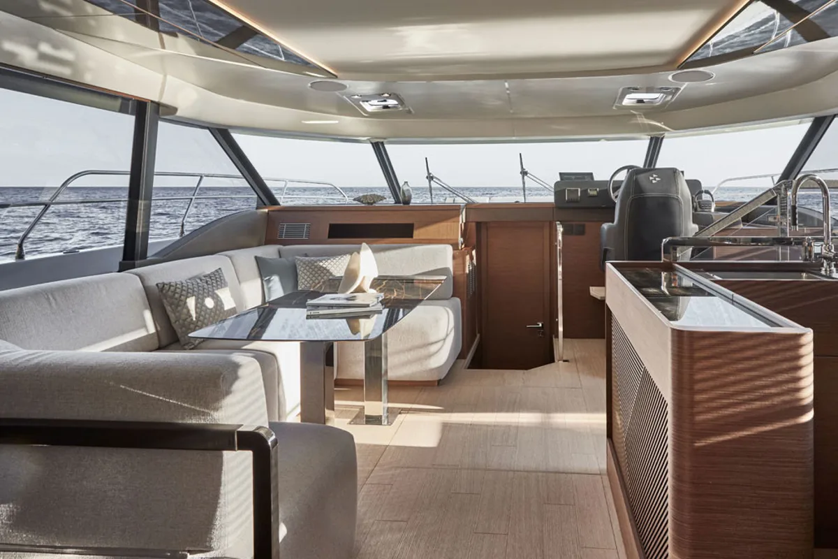 Salon of Lady Francy, a Prestige M48 catamaran at Torre Annunziata, Italy