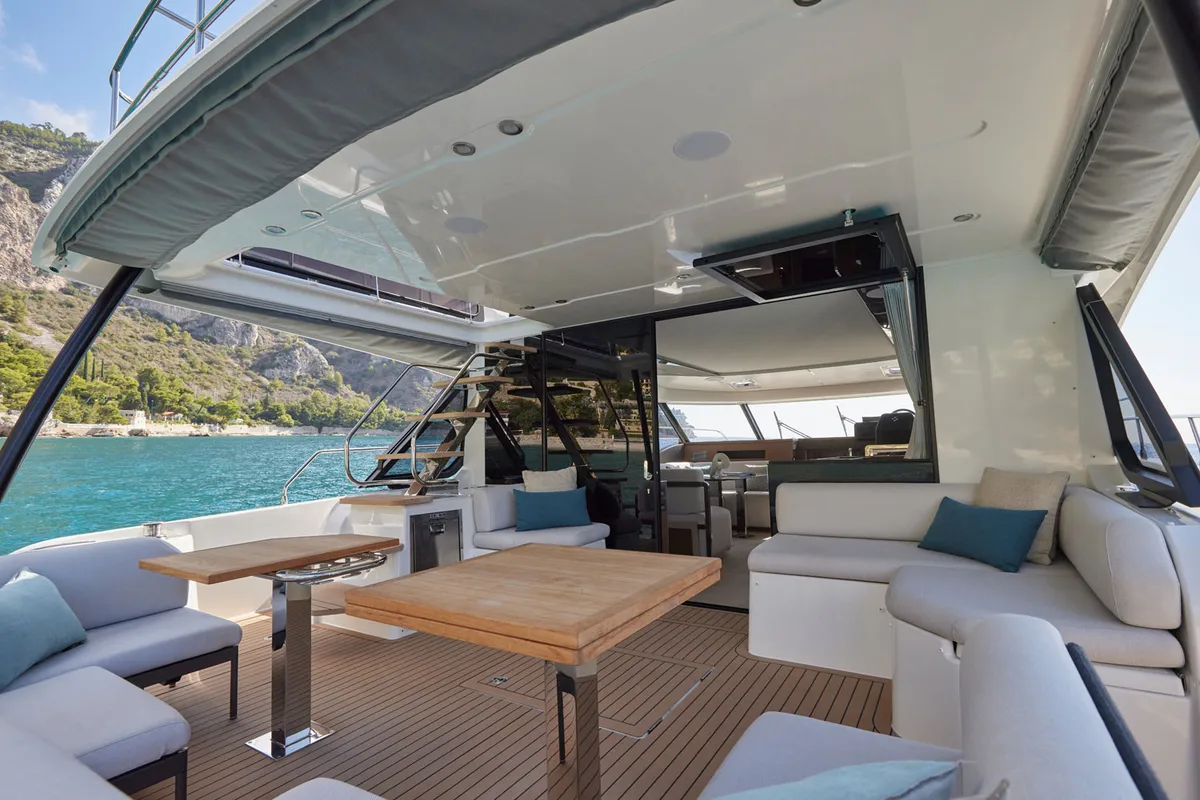 Deck of Lady Francy, a Prestige M48 catamaran at Torre Annunziata, Italy