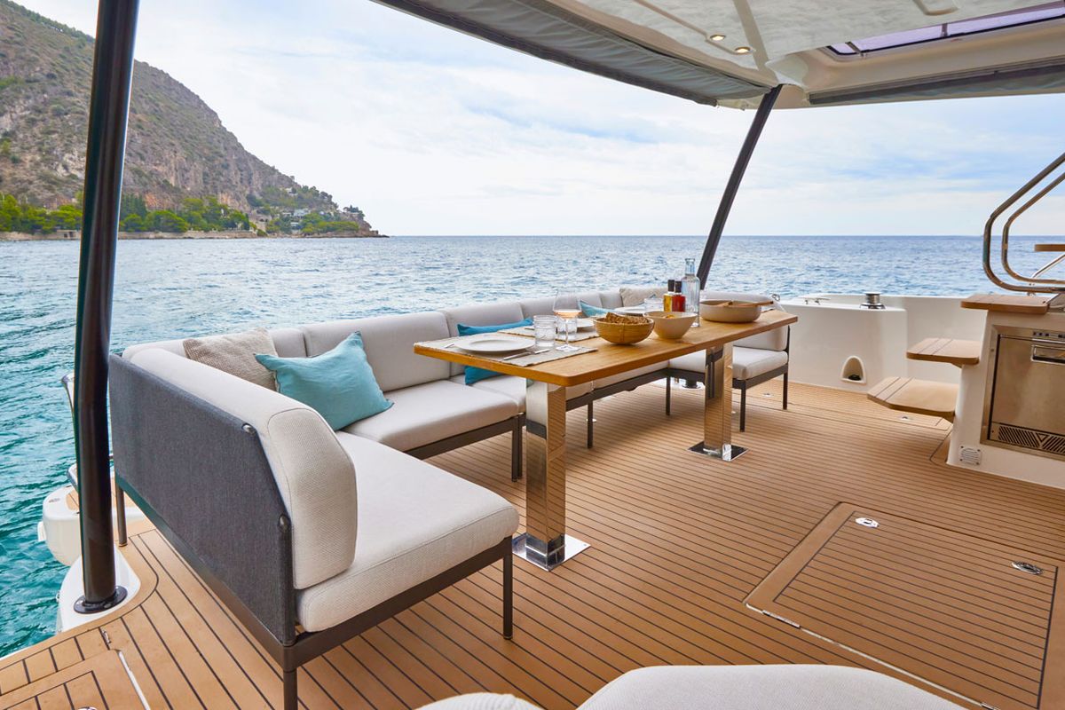 Deck of Lady Francy, a Prestige M48 catamaran at Torre Annunziata, Italy