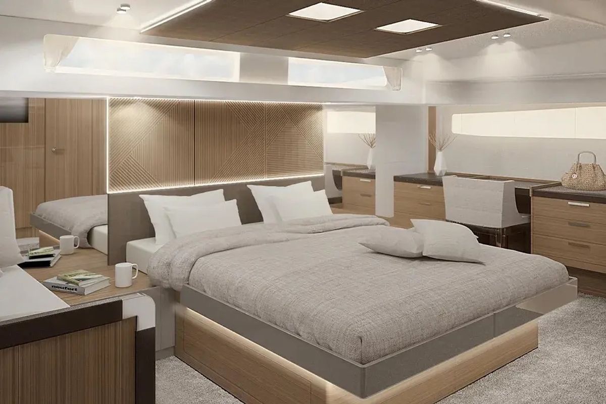 Cabin on Lady Francy, a Prestige M48 catamaran at Torre Annunziata, Italy