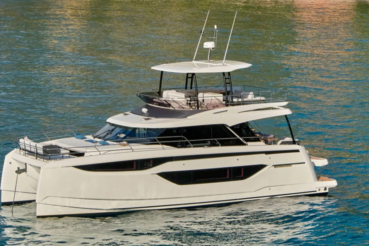 Exterior view of Lady Francy, a Prestige M48 catamaran at Torre Annunziata, Italy