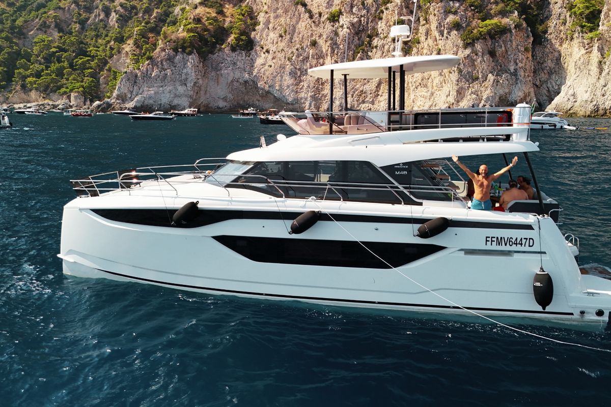 Exterior view of Lady Francy, a Prestige M48 catamaran at Torre Annunziata, Italy