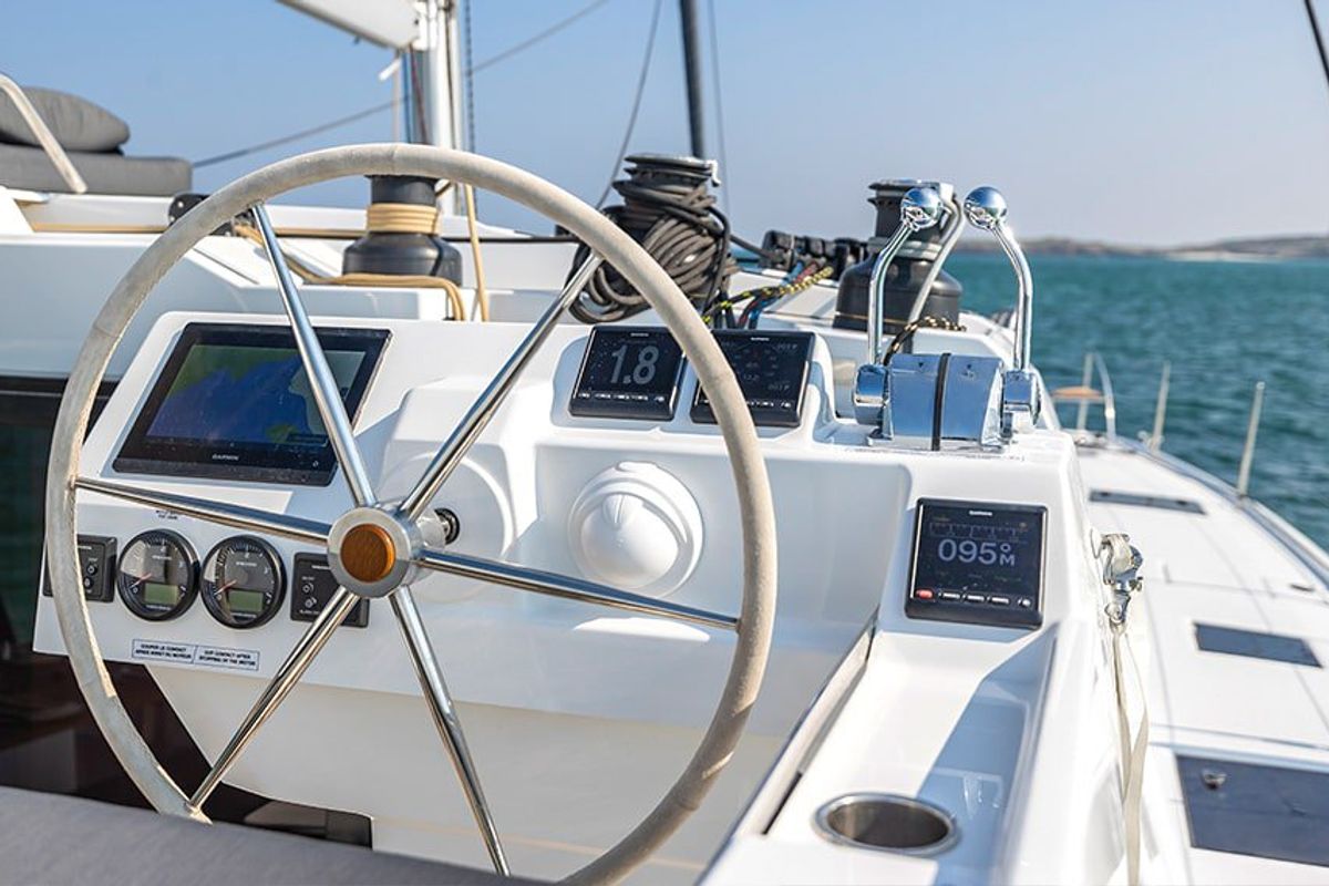 Cockpit of Alizee, a Fountaine Pajot Aura 51 catamaran at Road Town, British Virgin Islands