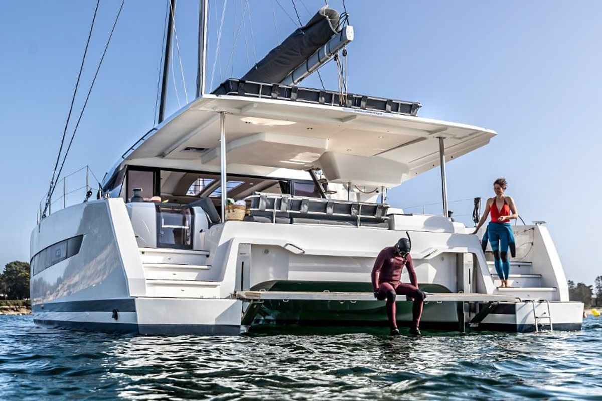 Deck of Alizee, a Fountaine Pajot Aura 51 catamaran at Road Town, British Virgin Islands