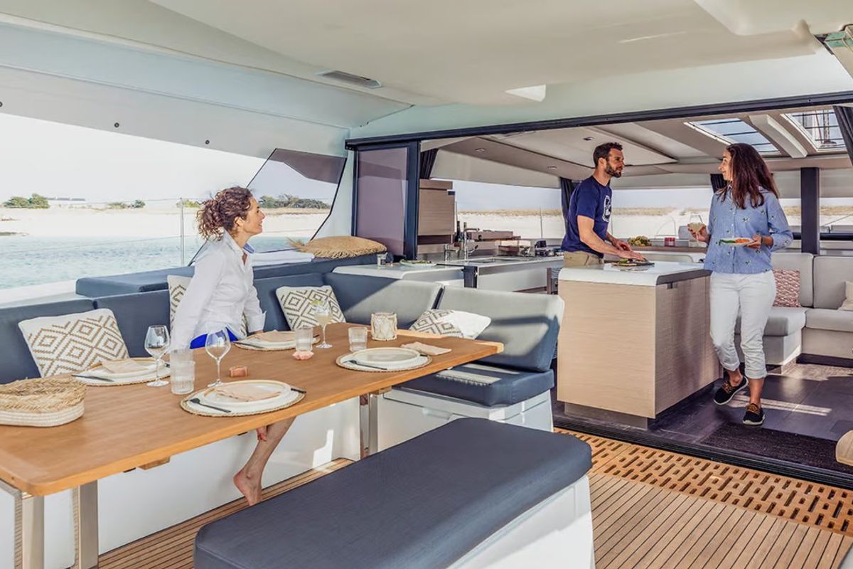 Deck of Alizee, a Fountaine Pajot Aura 51 catamaran at Road Town, British Virgin Islands