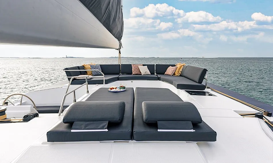 Deck of Alizee, a Fountaine Pajot Aura 51 catamaran at Road Town, British Virgin Islands
