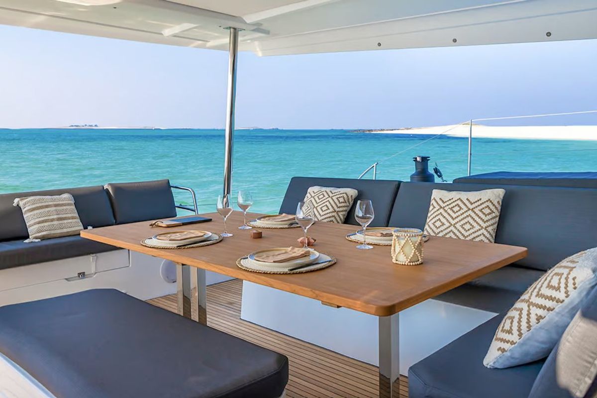 Deck of Alizee, a Fountaine Pajot Aura 51 catamaran at Road Town, British Virgin Islands