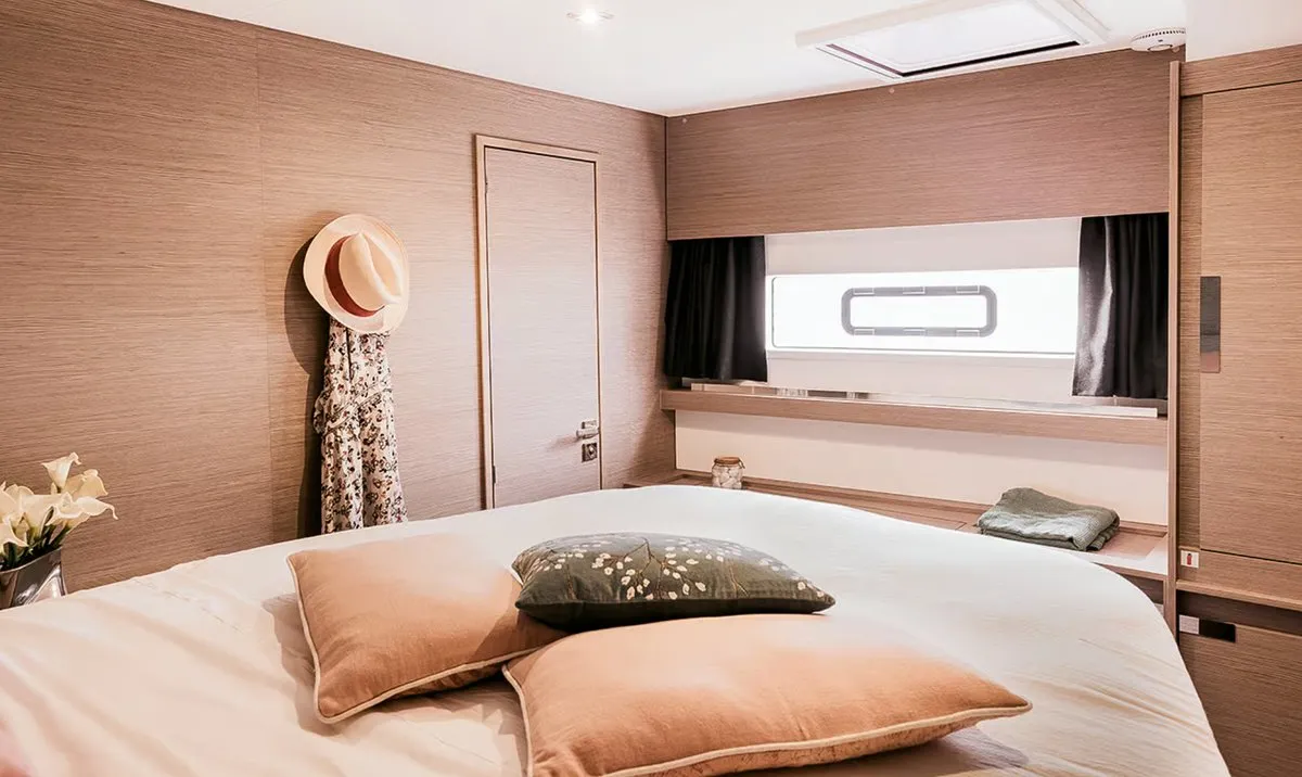 Cabin on Alizee, a Fountaine Pajot Aura 51 catamaran at Road Town, British Virgin Islands