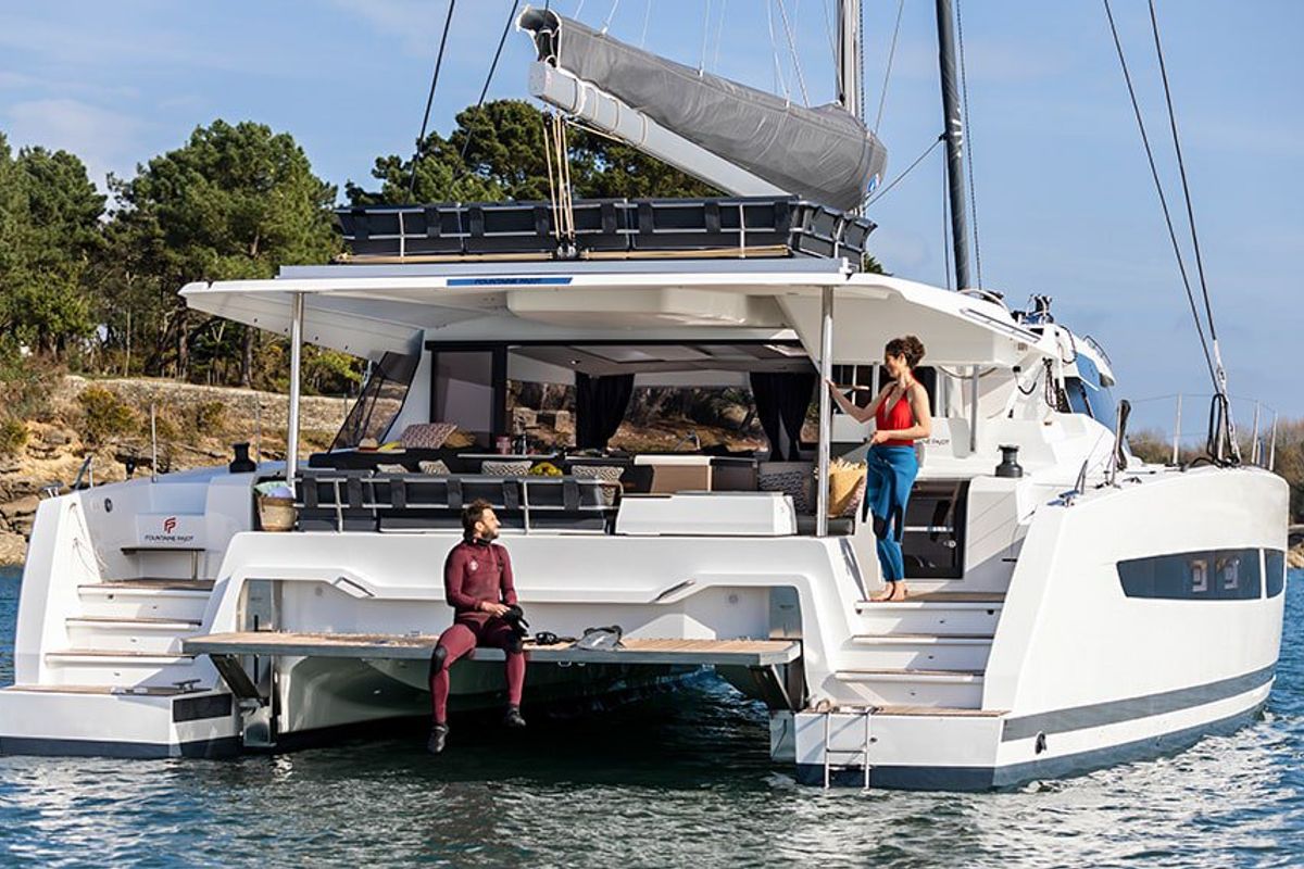 Deck of Alizee, a Fountaine Pajot Aura 51 catamaran at Road Town, British Virgin Islands