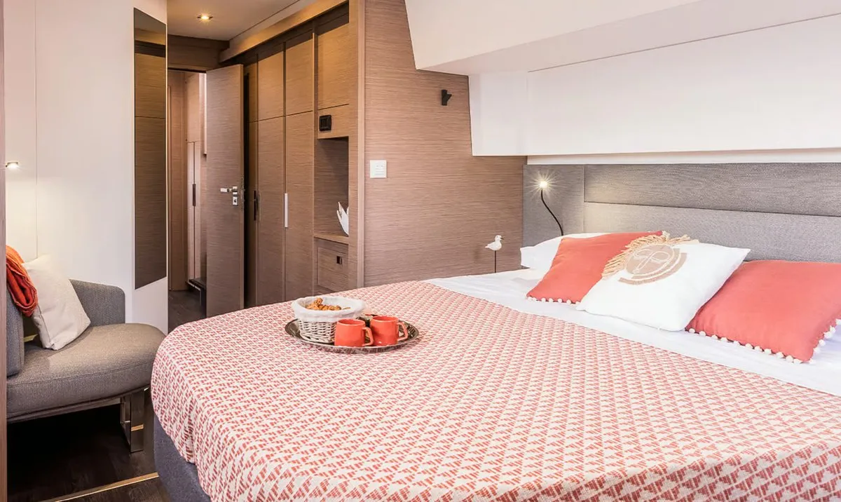 Cabin on Alizee, a Fountaine Pajot Aura 51 catamaran at Road Town, British Virgin Islands