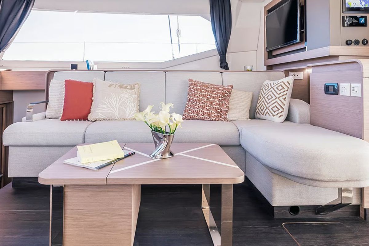 Salon of Alizee, a Fountaine Pajot Aura 51 catamaran at Road Town, British Virgin Islands