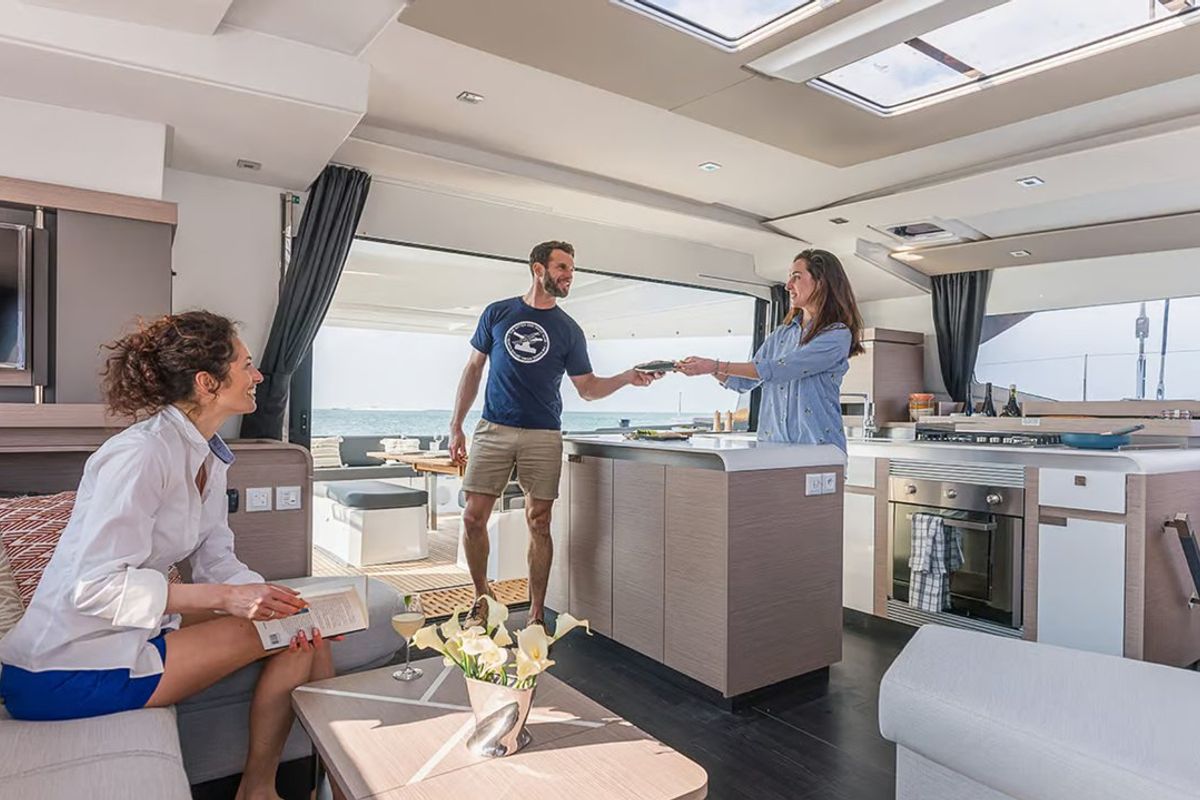 Salon of Alizee, a Fountaine Pajot Aura 51 catamaran at Road Town, British Virgin Islands