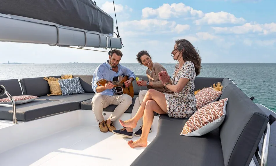 Deck of Alizee, a Fountaine Pajot Aura 51 catamaran at Road Town, British Virgin Islands
