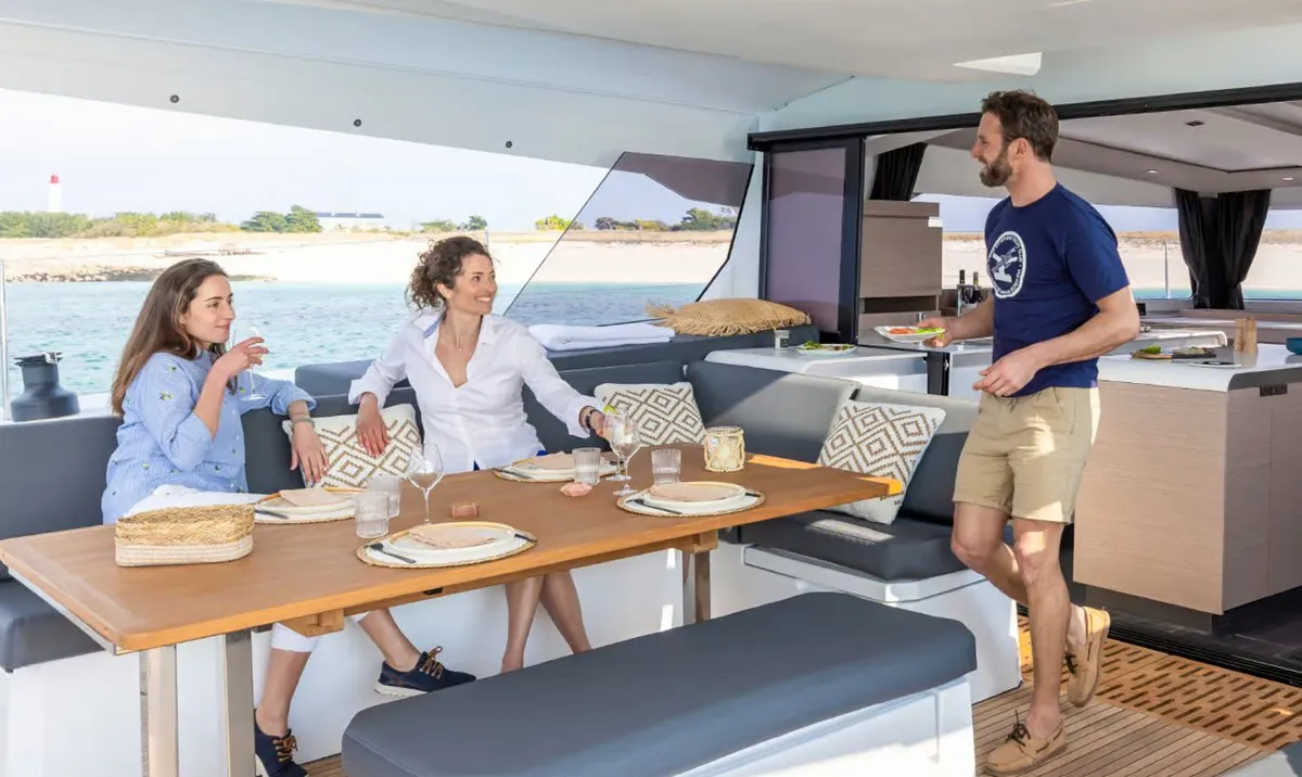 Deck of Alizee, a Fountaine Pajot Aura 51 catamaran at Road Town, British Virgin Islands