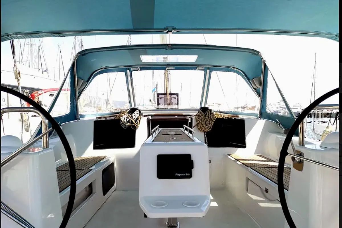 Cockpit of Despina, a Dufour 460 Grand Large sailboat at Athens, Greece