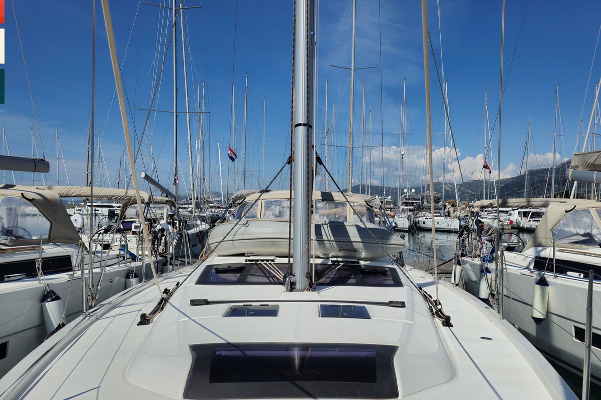 Deck of Lento, a Dufour 430 GL sailboat at Grad Kaštela, Croatia