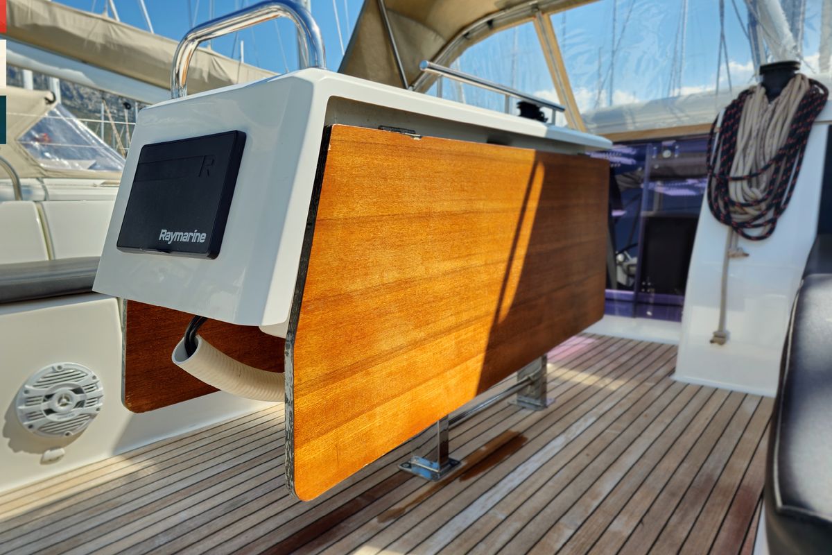 Deck of Lento, a Dufour 430 GL sailboat at Grad Kaštela, Croatia