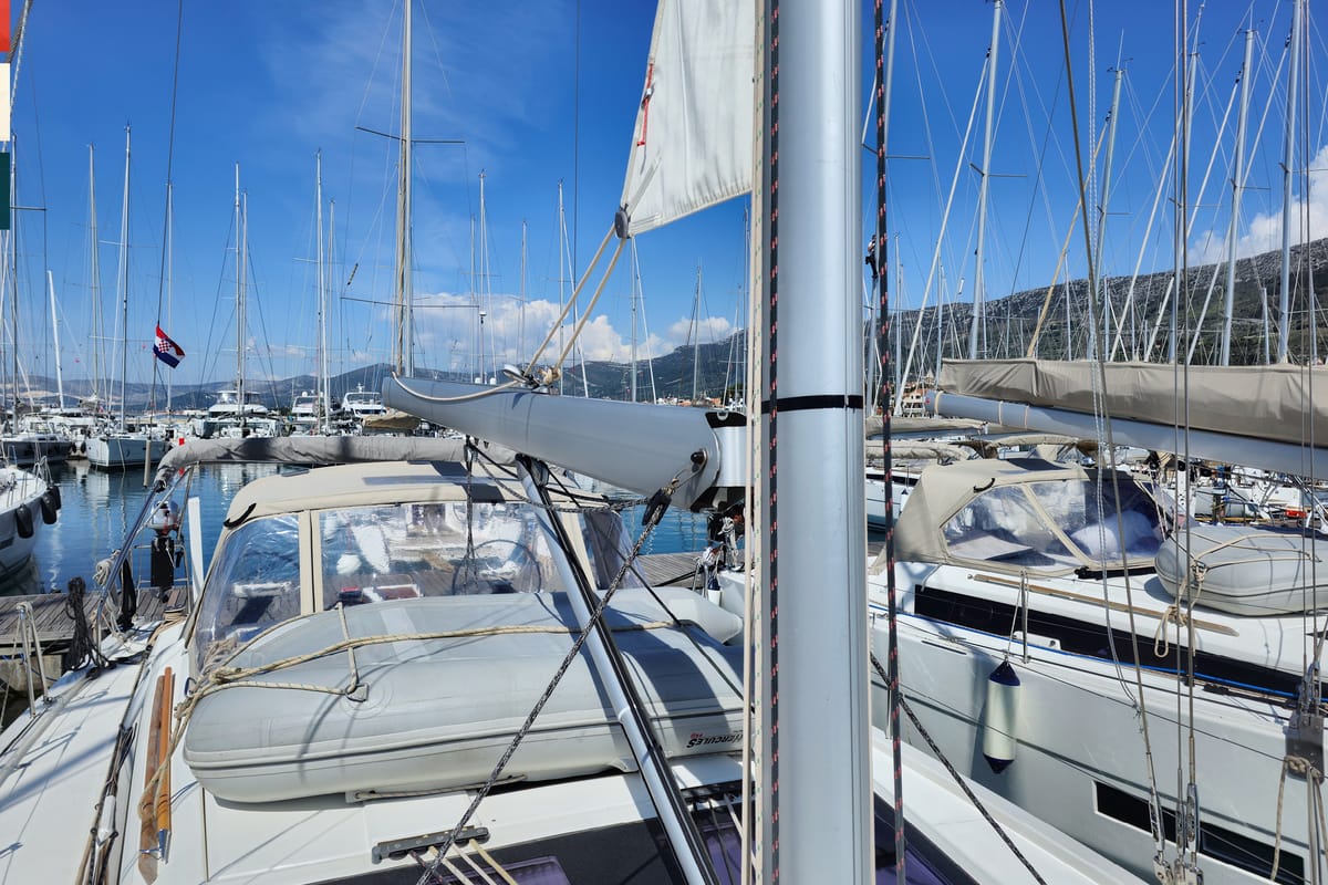 Exterior view of Lento, a Dufour 430 GL sailboat at Grad Kaštela, Croatia