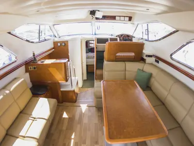 Salon of Constantin 2, a Princess Yachts Princess 38 motorboat at Parikia, Greece