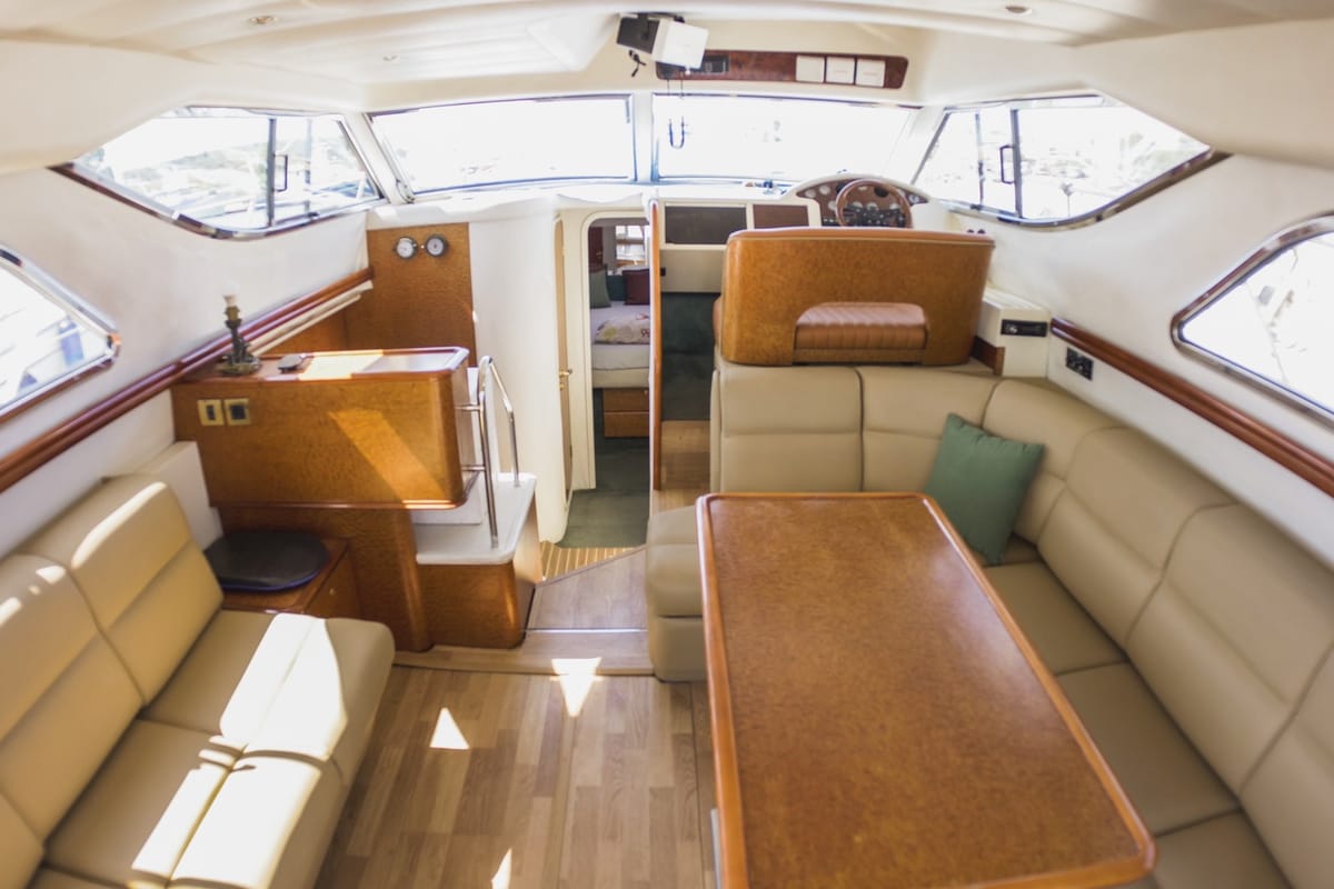 Salon of Constantin 2, a Princess Yachts Princess 38 motorboat at Parikia, Greece
