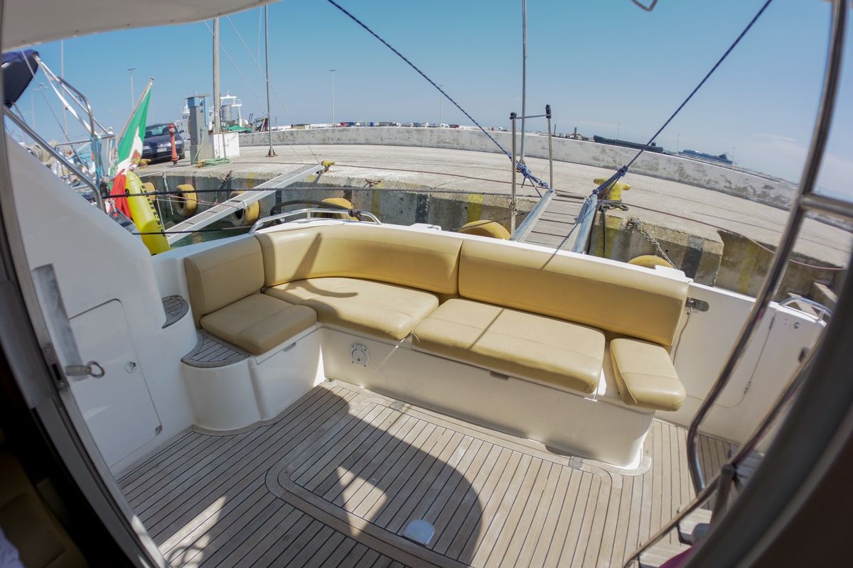 Deck of Constantin 2, a Princess Yachts Princess 38 motorboat at Parikia, Greece