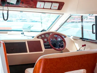 Cockpit of Constantin 2, a Princess Yachts Princess 38 motorboat at Parikia, Greece