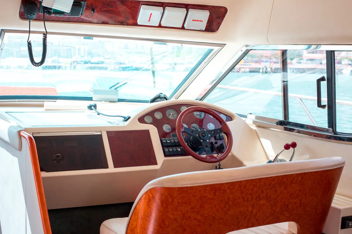 Cockpit of Constantin 2, a Princess Yachts Princess 38 motorboat at Parikia, Greece