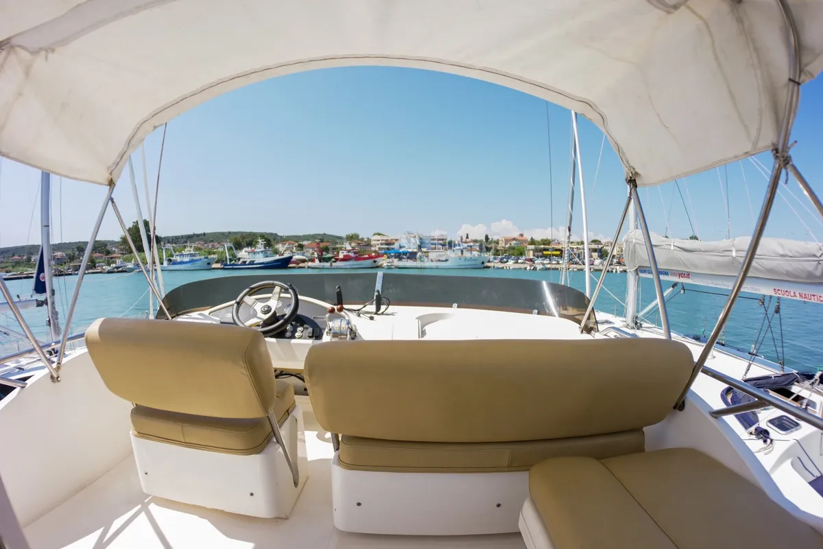 Cockpit of Constantin 2, a Princess Yachts Princess 38 motorboat at Parikia, Greece