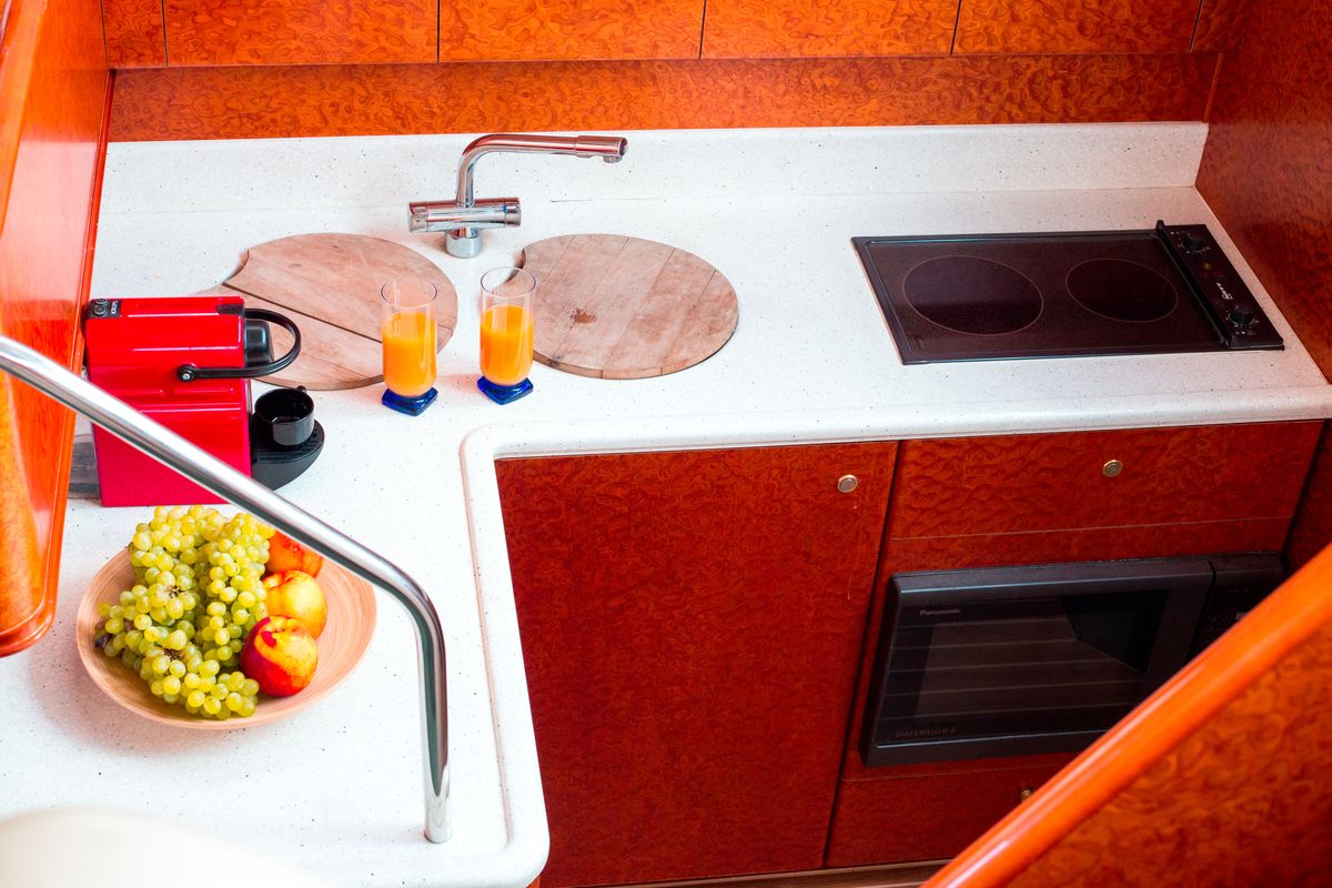 Galley of Constantin 2, a Princess Yachts Princess 38 motorboat at Parikia, Greece