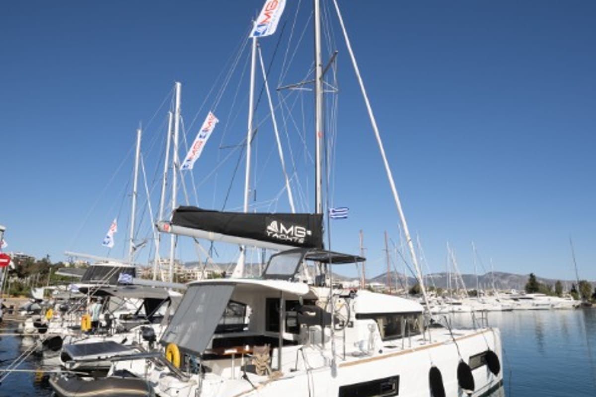 Exterior view of Serendipity, a Lagoon 40 catamaran at Athens, Greece