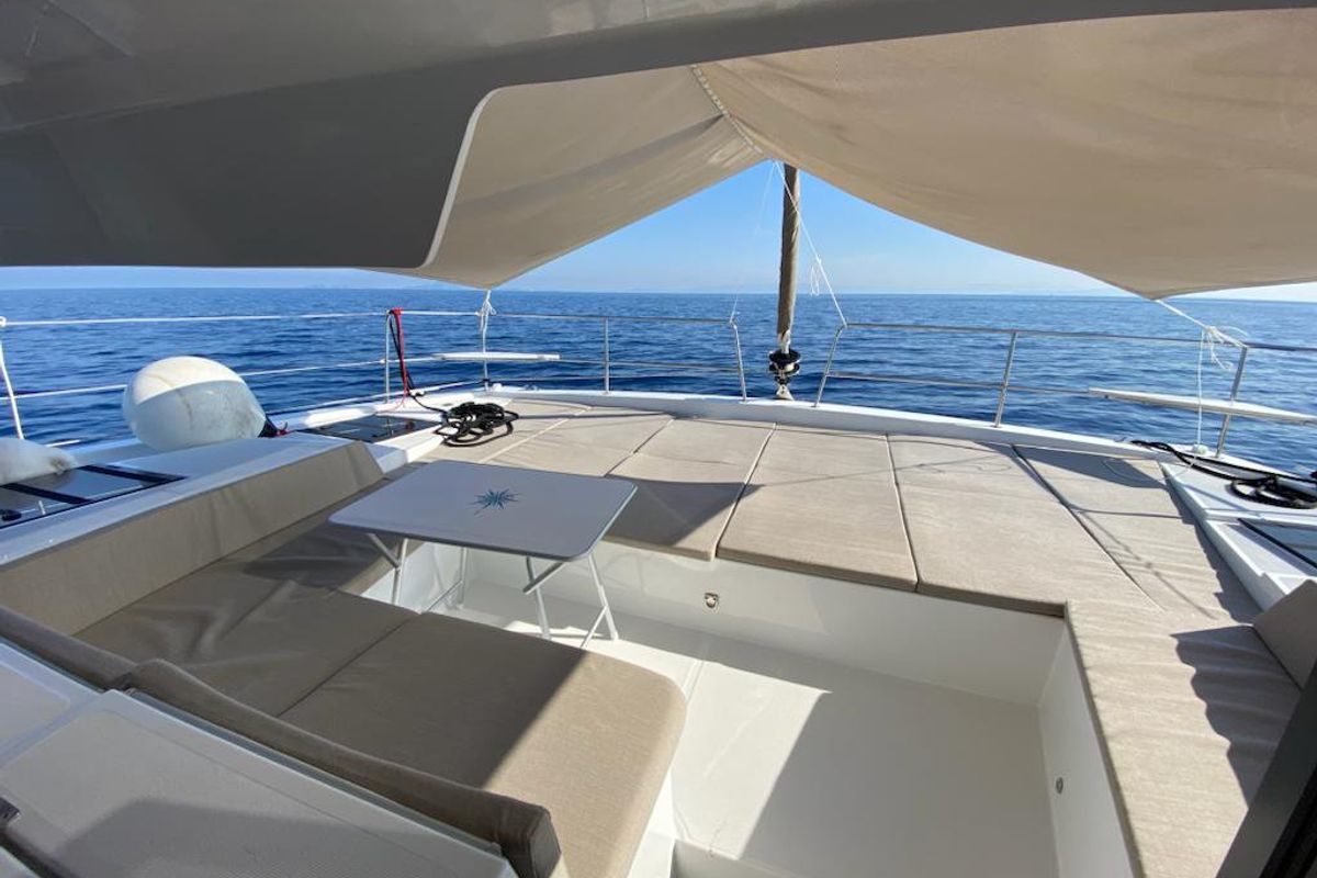 Deck of Enterprise, a Bali 4.4 catamaran at Bodrum, Turkey