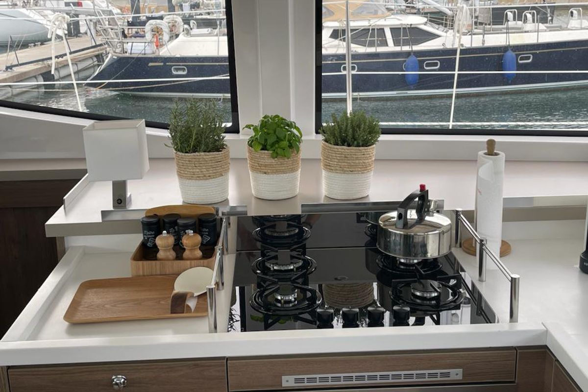 Galley of Enterprise, a Bali 4.4 catamaran at Bodrum, Turkey