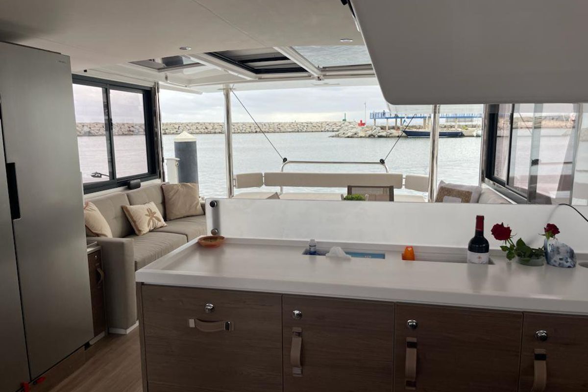 Galley of Enterprise, a Bali 4.4 catamaran at Bodrum, Turkey